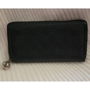 Gucci Guccissima Zip Around Wallet Black Leather GG Monogram Charm 233025